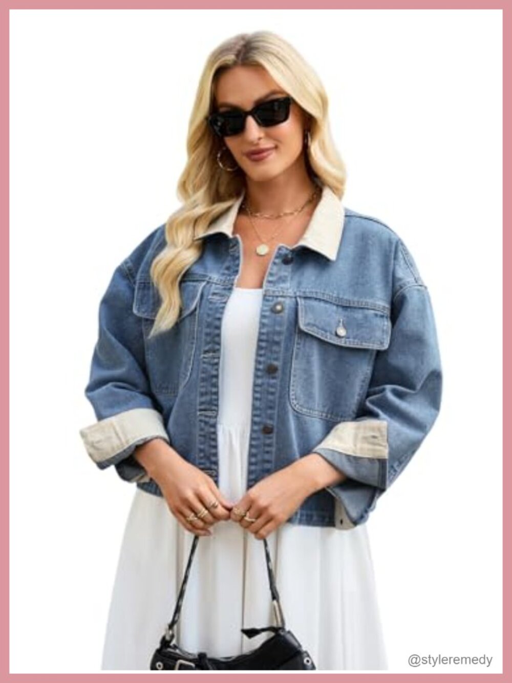 Women's Cropped Oversized Denim Jacket with Corduroy Collar, Button Front